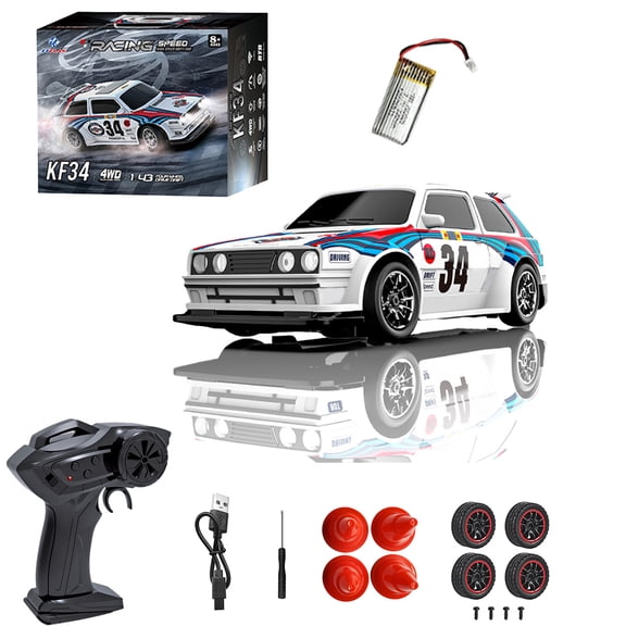 KF34 1:43 Scale 4WD Drift RC Car with 2.4GHz Remote, High-Speed Racing Car, Interchangeable Tires & Detachable Body, Blue & White/1 Battery