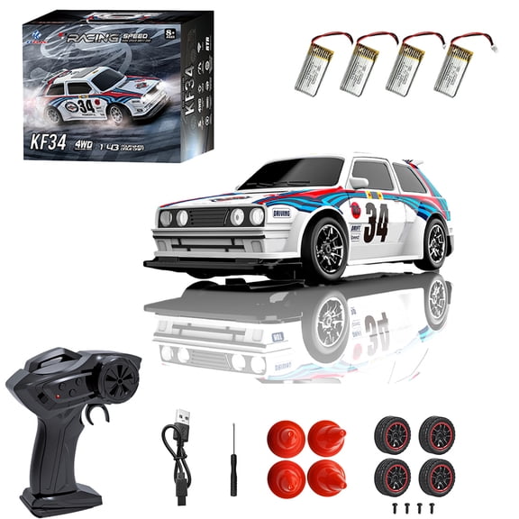KF34 1:43 Scale 4WD Drift RC Car with 2.4GHz Remote, High-Speed Racing Car, Interchangeable Tires & Detachable Body, Blue & White/4 Battery