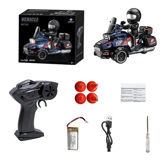 KF35 1:43 Scale Remote Control Drift Trike Motorcycle, 2.4GHz 3WD RC Stunt Bike with LED Lights & Action Figure for Hobbyists