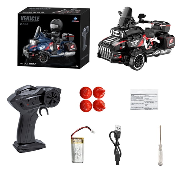 KF35 1:43 Scale Remote Control Drift Trike Motorcycle, 2.4GHz 3WD RC Stunt Bike with LED Lights for Hobbyists