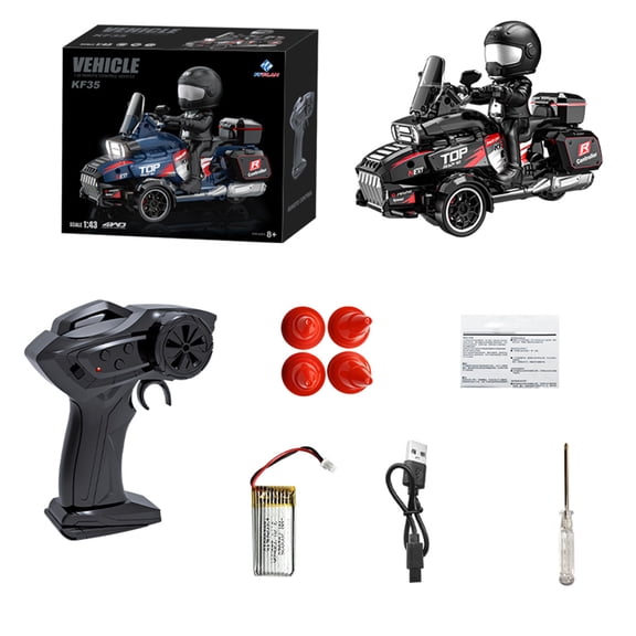 KF35 RC Drift Trike Motorcycle 1:43 3WD Racing Vehicle Full Proportional Control LED Light Rechargeable Model(Black/With Figure)