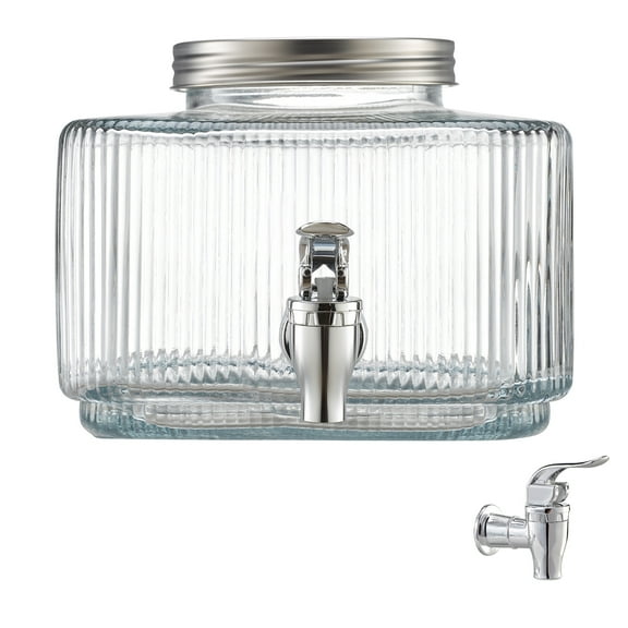 KFFKFF 0.8 Gallon Glass Beverage Dispenser with Lid and No-Drip Spigot, Ideal for Serving Juice, Iced Tea, Lemonade, and Water at Events, Restaurants, and Hotels