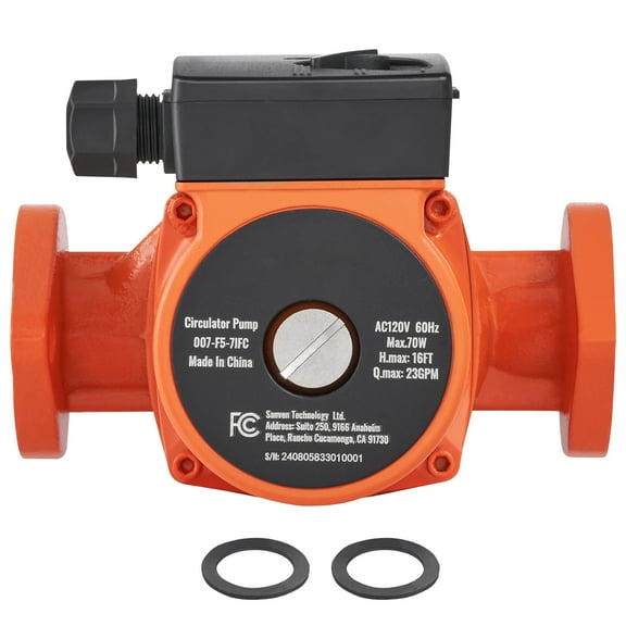 KFFKFF 007-F5-7IFC Hot Water Circulation Pump, 110V, 70W, 23 GPM, 1" NPT Flange, 3-Speed, Quiet Home Water Heater System Pump