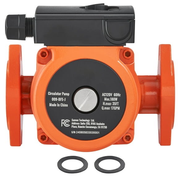KFFKFF 009-BF5-J Water Circulation Pump, 110V, 180W, 17 GPM, 3/4" NPT Flange, 3-Speed, Quiet Home Heater System Pump