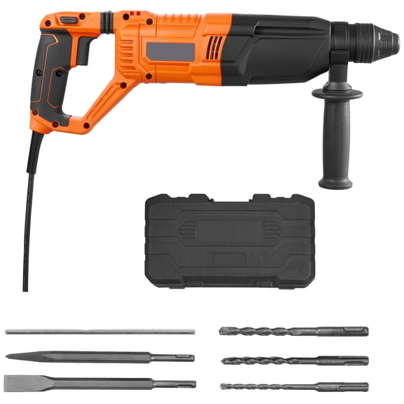 KFFKFF 1-1/8 in SDS-Plus Electric Rotary Hammer Drill, Corded Heavy-Duty Tool with 4 Modes, Includes 3 Drill Bits, Flat and Pointed Chisels, and Carrying Case for Concrete and Masonry Work