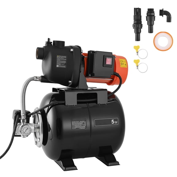 KFFKFF 1.1 HP Shallow Well Pump with Pressure Tank, 120V 1320 GPH, Plastic Jet Pump with 5-Gallon Tank, Automatic Water Transfer System, 20/40 PSI Pressure Switch, Suitable for Home Garden