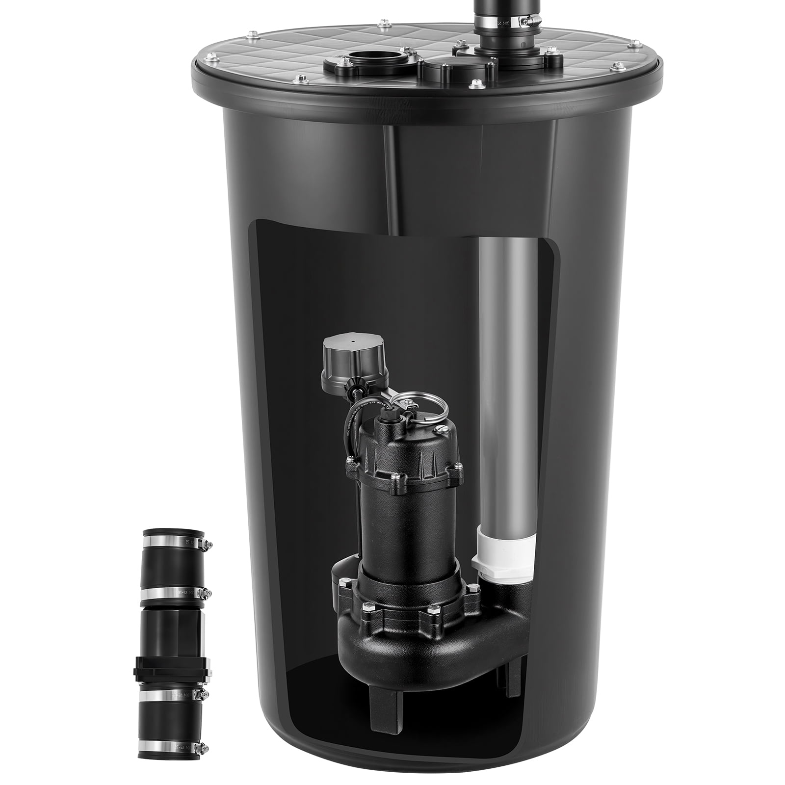 KFFKFF 1/2 HP Cast Iron Sewage Pump System with Basin Kit, 120V Automatic Water Collection and Removal System, Vertical Float Switch, 2" Discharge, Black