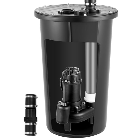 KFFKFF 1/2 HP Cast Iron Sewage Pump System with Basin Kit, 4800 GPH Capacity, 120 Volt, Automatic On/Off Water Collection and Removal System with Float Switch, 2" Discharge, Black
