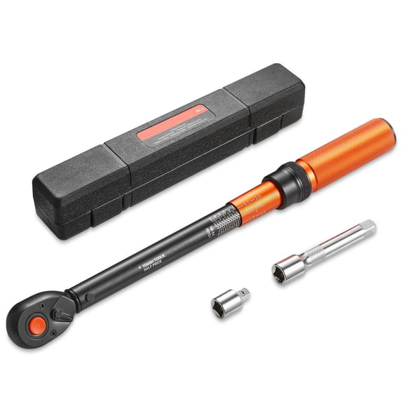 KFFKFF 1/2-Inch Drive Click Torque Wrench, 14.8-162.4 lbf-ft / 20-220 N.m, Dual Scale, 3% Accuracy, Includes Extension Bar, Adapter, and Case for Automotive Maintenance