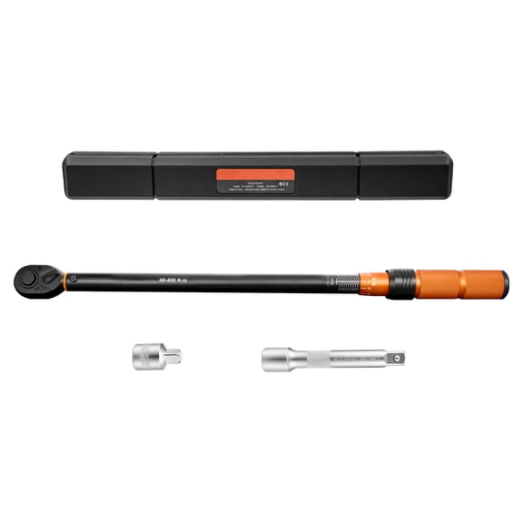 KFFKFF 1/2-inch Drive Click Torque Wrench ±3% Accuracy, 29.4-294.1 lbf-ft / 40-400 N.m, Dual Scale, Includes Extension Bar, Adapter, and Storage Case for Vehicle Maintenance