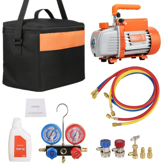 KFFKFF 1/5 HP 3.5 CFM Single Stage Rotary Vane Air Vacuum Pump and Gauge Kit, HVAC A/C Refrigerant Tool with Manifold Gauge and Tri-Color Hose, Carry Bag Included, Suitable for R134a, R410a