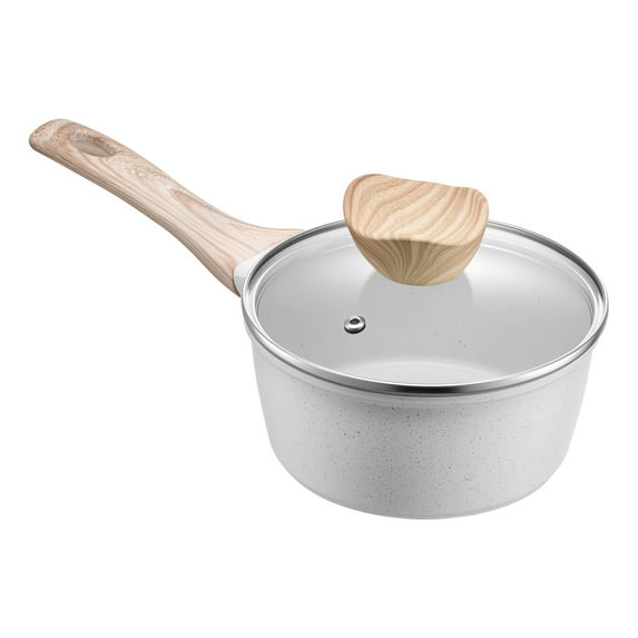 KFFKFF 1.5 QT Nonstick Saucepan with Glass Lid, Versatile Cooking Pot with Removable Handle, Small Kitchen Sauce Pan with Durable Coating, Compatible with Induction Stovetops, White