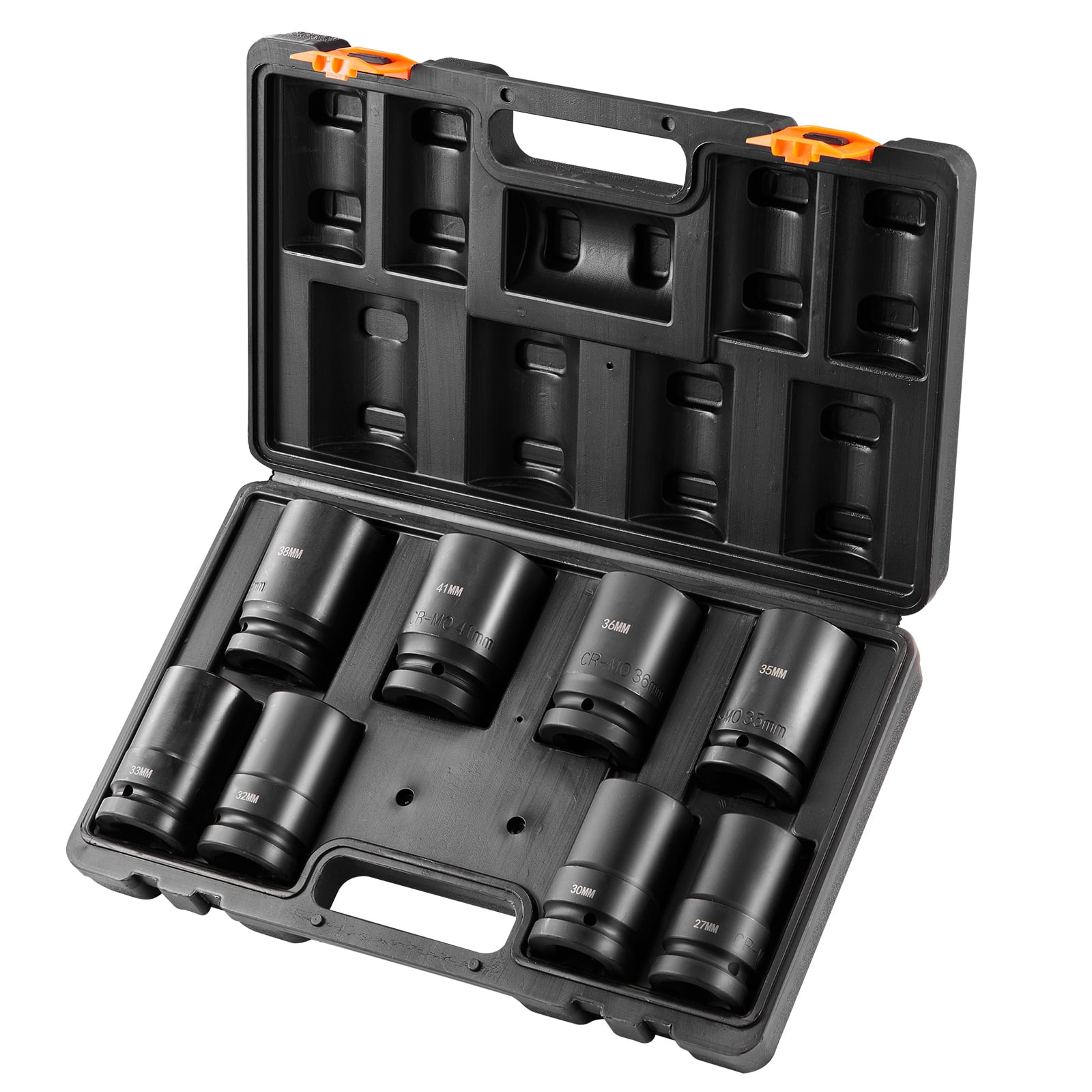 KFFKFF 1" Drive Deep Impact Socket Set, 8 Pcs, Metric 27-41mm, 6-Point, Cr-Mo Steel, for Vehicle Maintenance, Clear Size Labels, Durable Build, Comes with Case