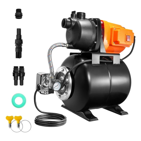 KFFKFF 1 HP Shallow Well Pump, 1000 GPH, with Pressure Tank for Automatic Irrigation, 164 ft Lift and 20/40 PSI Switch, Thermoplastic Head, Ideal for Home Garden Lawn