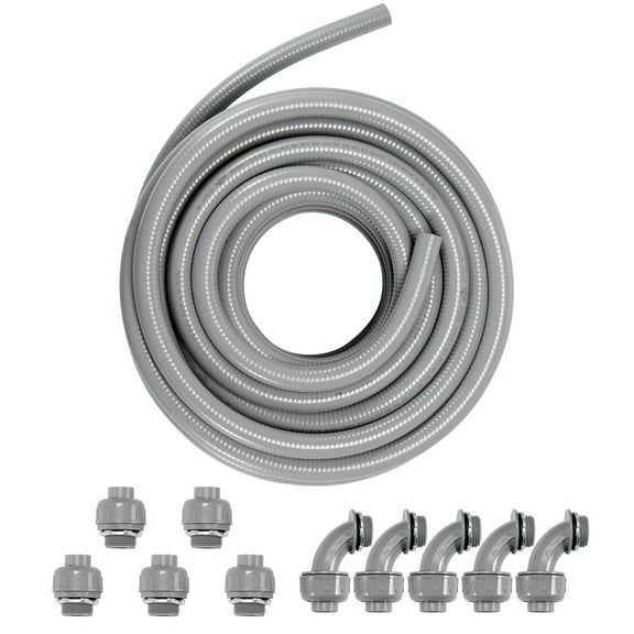KFFKFF 1" PVC Liquid-Tight Electrical Conduit, 100ft Bundle with 5 Straight & 5 90° Connectors, IP65, Ideal for AC, Motor Controllers & Pumps