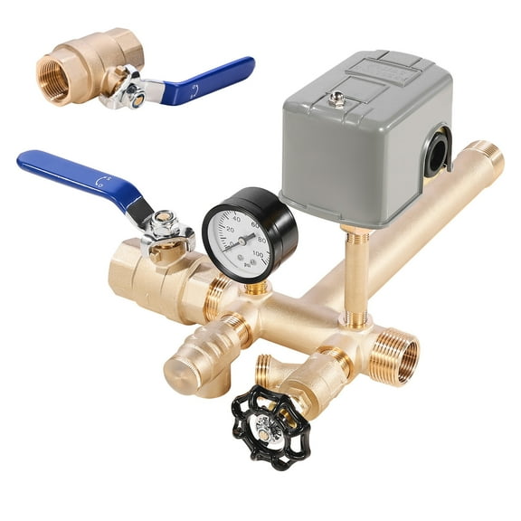 KFFKFF 1" x 11" Well Pressure Tank Tee Kit, Includes 40/60 PSI Switch, 8-Piece Brass Installation Kit for Water Well Systems, 1 in Gate Valve, Compatible with Tanks up to 16 in Diameter