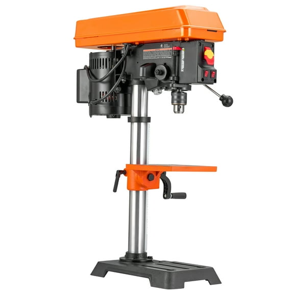 KFFKFF 10 in Benchtop Drill Press with 2.3A Induction Motor, Adjustable Speeds (610/940/1500/2150/2800 RPM), 0-45 Angle Tilting Worktable, and LED Work Light for Wood and Metal Crafting