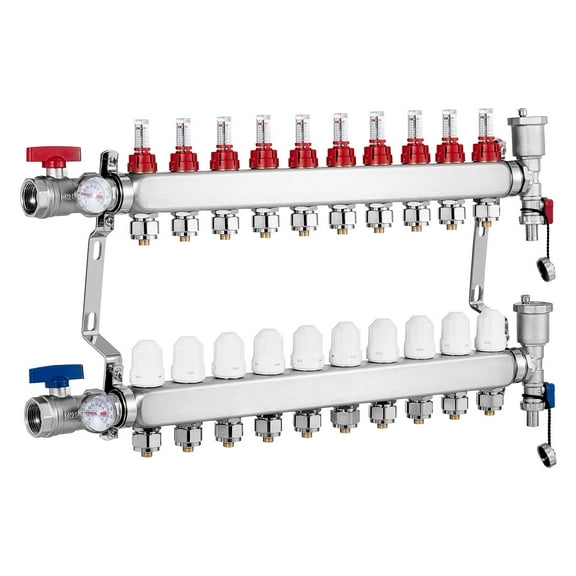 KFFKFF 10-Branch Radiant Heat Manifold, 1/2" PEX Tubing Compatible, Stainless Steel Manifold for Hydronic Radiant Floor Heating, Radiant Heat Manifold Kit with 1/2" Adapters Included