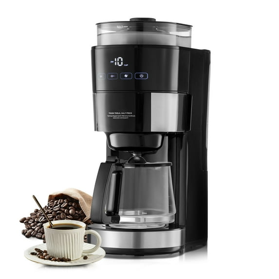 KFFKFF 10 Cup Coffee Maker with Grinder Grind and Brew Coffee Maker with 3 Brew Strength Control 24-Hour Timer for Auto Brew with Adjustable Grinding Coarseness