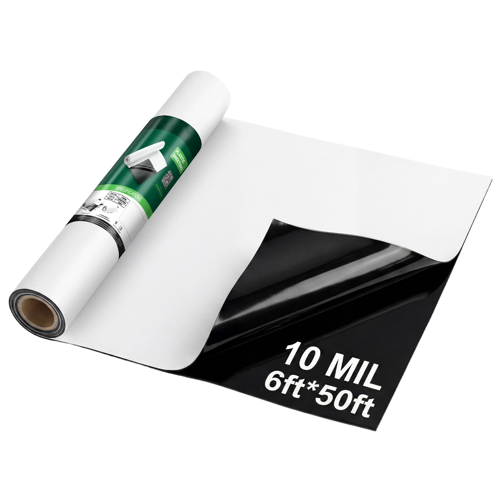 KFFKFF 10 Mil Plastic Sheeting 6' x 50' Durable Polyethylene Roll, Multi-Purpose Plastic Tarp for Crawl Space Barrier, Weed Prevention, Gardening, and Protective Cover, Black & White