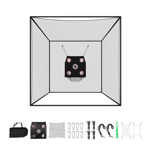 KFFKFF 10 x 10 x 10 FT Golf and Baseball Practice Cage, Durable Polyester Netting with Multi-Target Design for Indoor and Outdoor Use