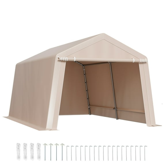 KFFKFF 10 x 15 ft Outdoor Storage Shed, Portable Tent with Roll-up Door & Vents, Waterproof Shelter with Durable Frame, Ideal for Motorcycle, Lawn Equipment, Bike, and More, Beige