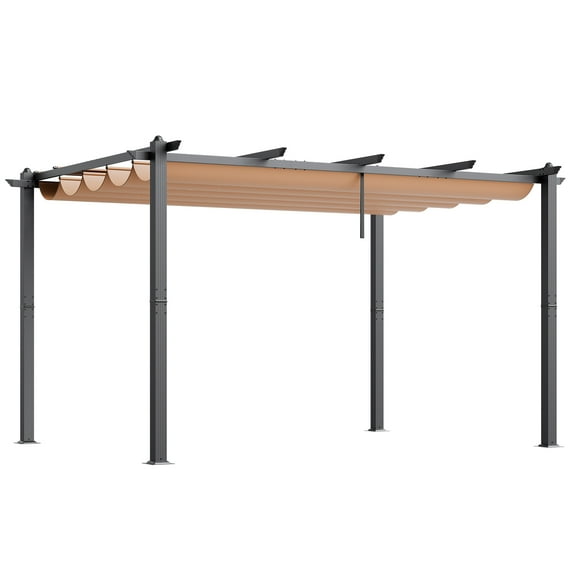 KFFKFF 10'x13' Aluminum Patio Pergola with a Sliding Sun Shade, Ideal for Outdoor Gardens, Decks, and Backyards - Beige