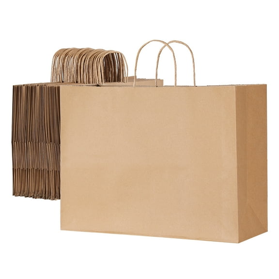 KFFKFF 100 pack Kraft Paper Bags with Handles 16 x 6 x 12 in, Large Gift Bags, Reusable and Recyclable Grocery Bags, Plain Brown Party Bags for Birthdays, Weddings, Business, Take-Out