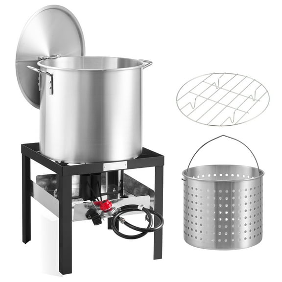 KFFKFF 100 Qt Seafood Cooking Set with Sieve, Exterior Seafood Cook Pot and Container, Culinary Kit, Crawfish, Lobster Preparation, Aluminum Soup Pot with 100,000 BTUs Propane Heater and Steam Grid