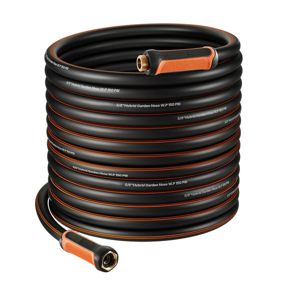 KFFKFF 100 ft Garden Hose 5/8" 4-Layer Rubber Water Hose, 150PSI Working Pressure & 600PSI Burst Strength, Flexible Non-Kink Outdoor Water Hose with 3/4" Fittings, Lightweight Option