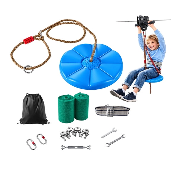 KFFKFF 100 ft Zipline Kit with 6 mm Steel Cable, Outdoor Zipline for Kids, Supports Up to 330 lb, Includes 6.9 ft Spring Brake, Detachable Trolley & Swing Seat, Suitable for Ages 6-16