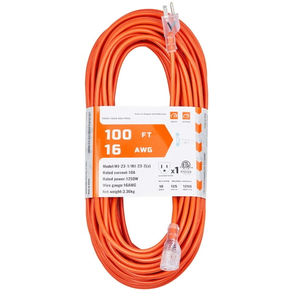 KFFKFF 100FT Indoor Outdoor Extension Cord, 16AWG 10Amps 1250W, 3-Prong Electric Cable with Illuminated End, Flexible and Cold-Resistant to -40C, Suitable for Office and Home Use, ETL Certified