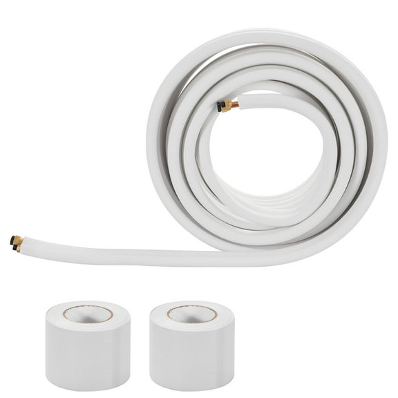 KFFKFF 100ft Mini Split Line Set, 1/4” & 3/8” OD Copper Tubing with White PE Insulation, Flared Nuts, and Strapping Tapes for Mini Split AC or Heat Pump Systems