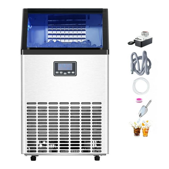KFFKFF 100lbs/24H Business Ice Production Device, 33lbs Holding Capacity Ice Creator with Drainage Pump, 45 Ice Pieces in Quarter Hour, LED Numeric Screen Standalone Self-Purifying