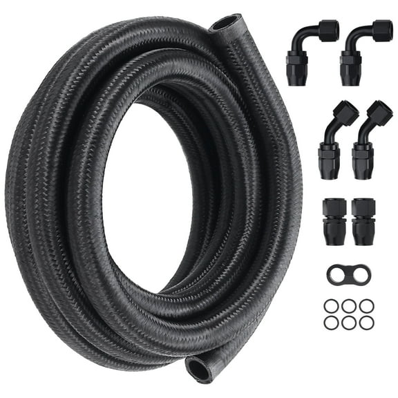 KFFKFF 10AN Fuel Hose Bundle, 10 FT Long, 0.55" Nylon & Stainless Steel Braided Line for Oil/Gas/Diesel, Includes 7 PCS Swivel Adapter Fittings, Black