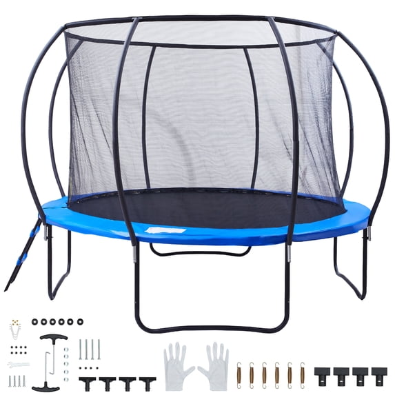 KFFKFF 10FT Trampoline, 330 lbs Capacity with Safety Net, Inclined Pole, Ladder, Durable Jump Mat & Spring Protection, Outdoor Fun for Children & Adults