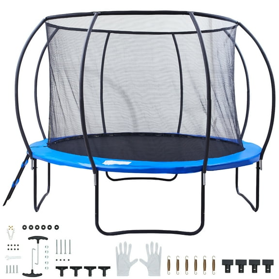KFFKFF 10FT Trampoline, 330 lbs Capacity with Safety Net, Inclined Pole, Ladder, Durable Jump Mat & Spring Protection, Outdoor Fun for Children & Adults