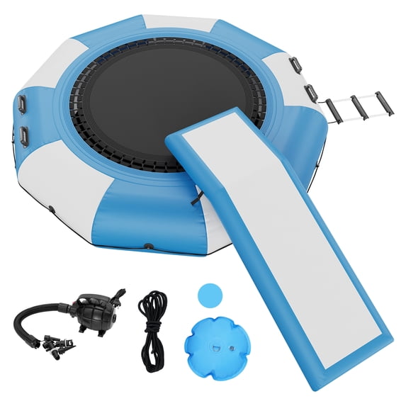 KFFKFF 10ft Inflatable Water Trampoline Swim Platform Bounce with Slide Pool Lake