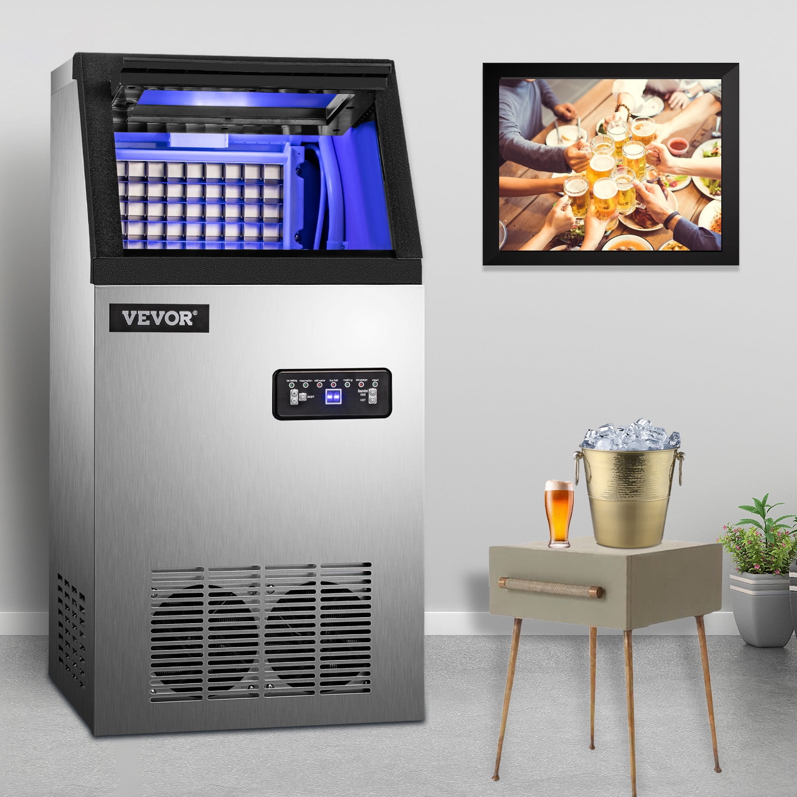 KFFKFF 110V Commercial Ice Maker 120lbs/24h with 29lbs Storage 5x9 Cubes Stainless Steel Auto Clean for Bar Home Supermarkets Includes Scoop and Connection Hose