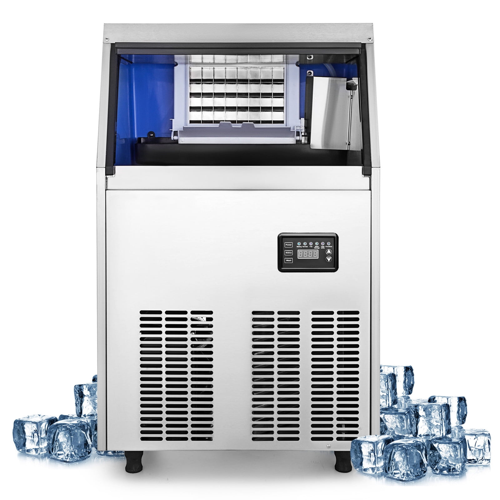 KFFKFF 110V Commercial Ice Maker 90lbs/24H with 22lbs Bin, Full Heavy Duty Stainless Steel Construction, Automatic Operation, Clear Cube for Home Bar