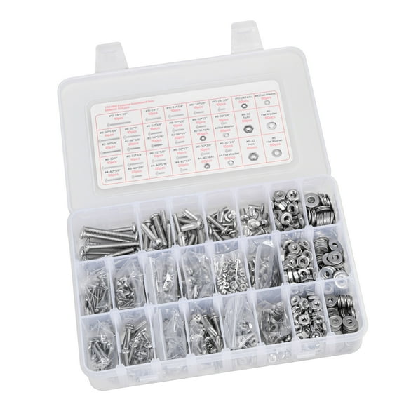 KFFKFF 1110-Piece Bolts and Nuts Assortment Kit, Stainless Steel Screws with Flat Washers, Sizes 10-24, 8-32, 2-56, 6-32, 4-40, Ideal for Furniture, Equipment, and Vehicle Assembly, Silver