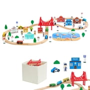 KFFKFF 113PCS Wooden Train Set for Kids Ages 3-8, Wooden Railway Toy with Storage Box, City Scene Playset, Compatible with Popular Brands, Ideal Gift for Toddlers Boys and Girls