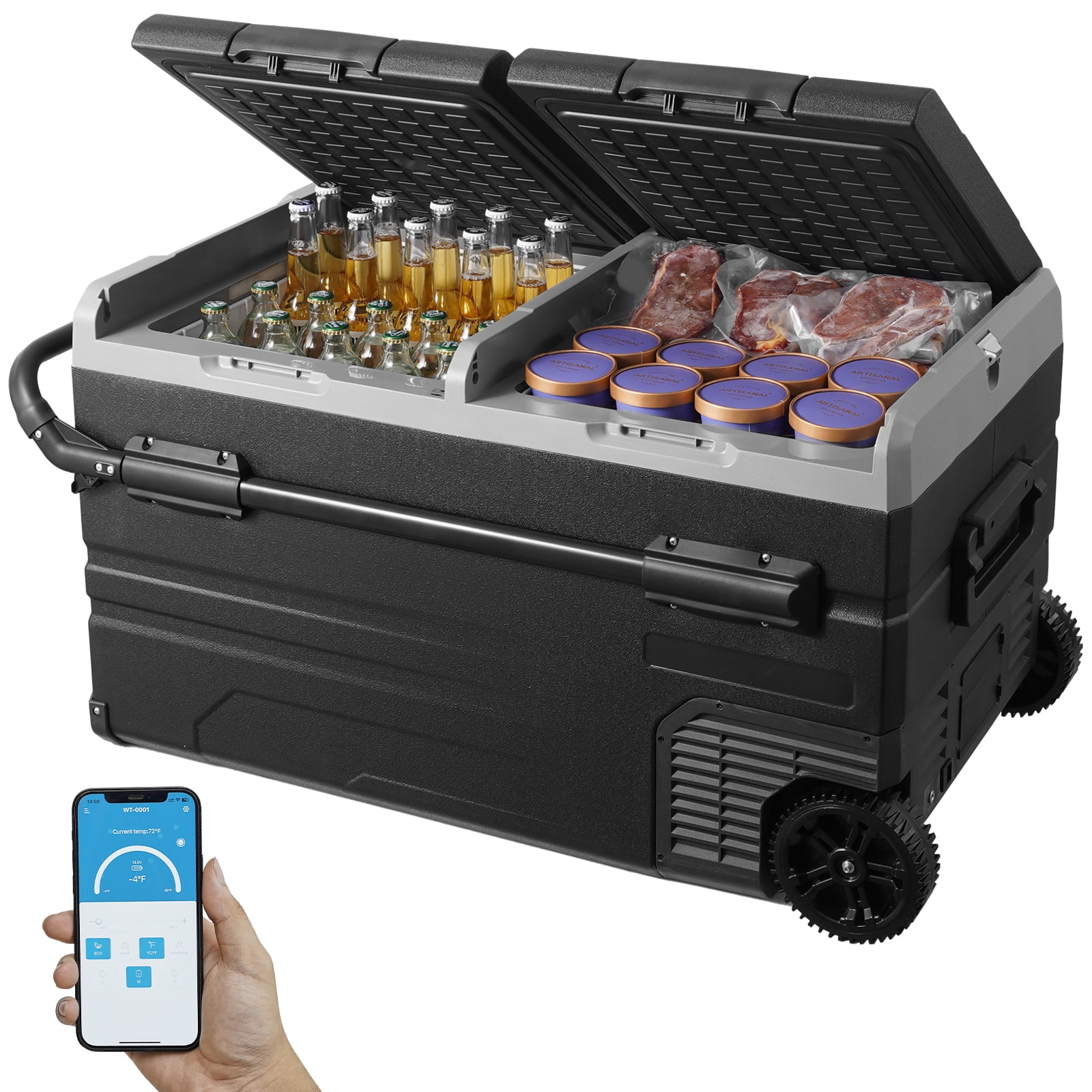 KFFKFF 115L Electric Cooler, 12V Portable Car Refrigerator Frezzer with Dual Zone, -4℉ to 68℉, Compatible with 12/24V DC and 100-240V AC