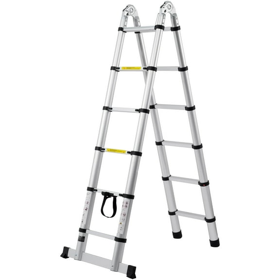 KFFKFF 12.5FT Telescoping Aluminum Ladder, A-Frame Extension Design, Lightweight with Multi-Button Retraction, 375 LBS Load Capacity, Stabilizer Bar for Enhanced Stability, Versatile Use for RVs
