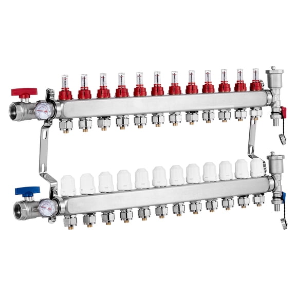 KFFKFF 12-Branch Radiant Heat Manifold, 1/2" PEX Tubing Compatible, Stainless Steel Manifold for Hydronic Radiant Floor Heating, Radiant Heat Kit with 1/2" Adapters Included
