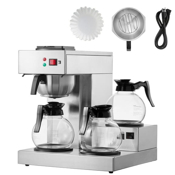 KFFKFF 12-Cup Industrial Coffee Brewer, Coffee Brewing Device with Trio of Glass Jugs and Warming Trays, Stainless Steel Manual Water Input Coffee Maker, Ideal for Cafes, Offices, and Eateries