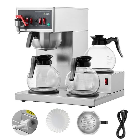 KFFKFF 12-Cup Industrial Coffee Brewer, Coffee Making Device with Trio of Glass Jugs and Trio of Heat-Keeping Bases, Metallic Manual Drip Coffee Maker for Eateries, Workplaces, Coffee Shops