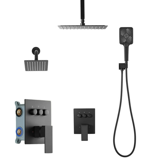 KFFKFF 12-Inch Ceiling Rainfall Shower System with Wall-Mounted Head, 4-in-1 Handheld Spray, and Rotatable Dual Rain Head with Brass Valve and Trim Kit, Matte Black
