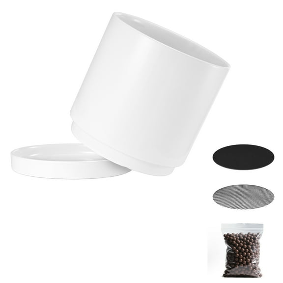 KFFKFF 12-Inch Ceramic Plant Pot with Drainage Holes, Non-Slip Pads & Removable Saucer, Stylish Cylinder Design for Indoor and Outdoor Use, Ideal for Home and Office Decoration