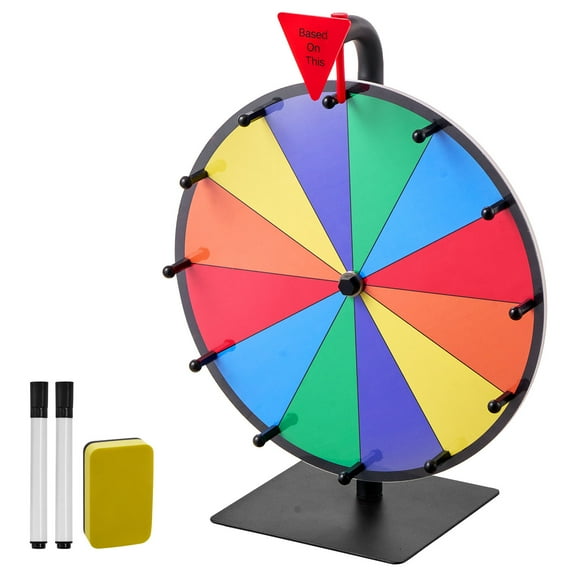 KFFKFF 12-Inch Spinning Prize Wheel with 12 Sections, Tabletop Roulette Game with Dry Erase Surface and Markers, 6-Color Design, Easy to Assemble, Ideal for Parties, Pubs, Trade Shows, and Carnivals
